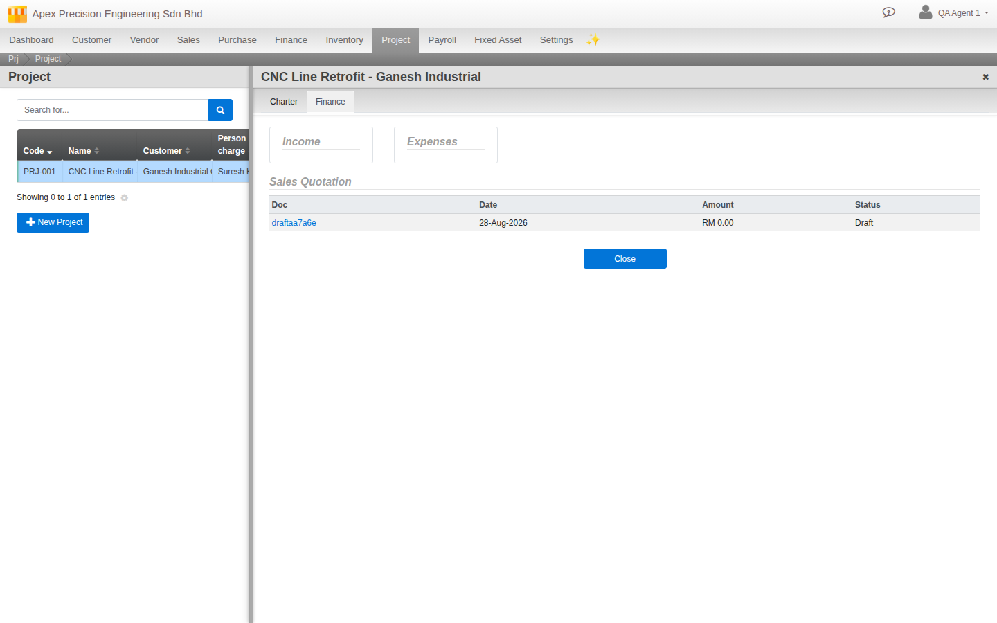A project's Finance tab: Income and Expenses panels, with every linked document grouped by document type