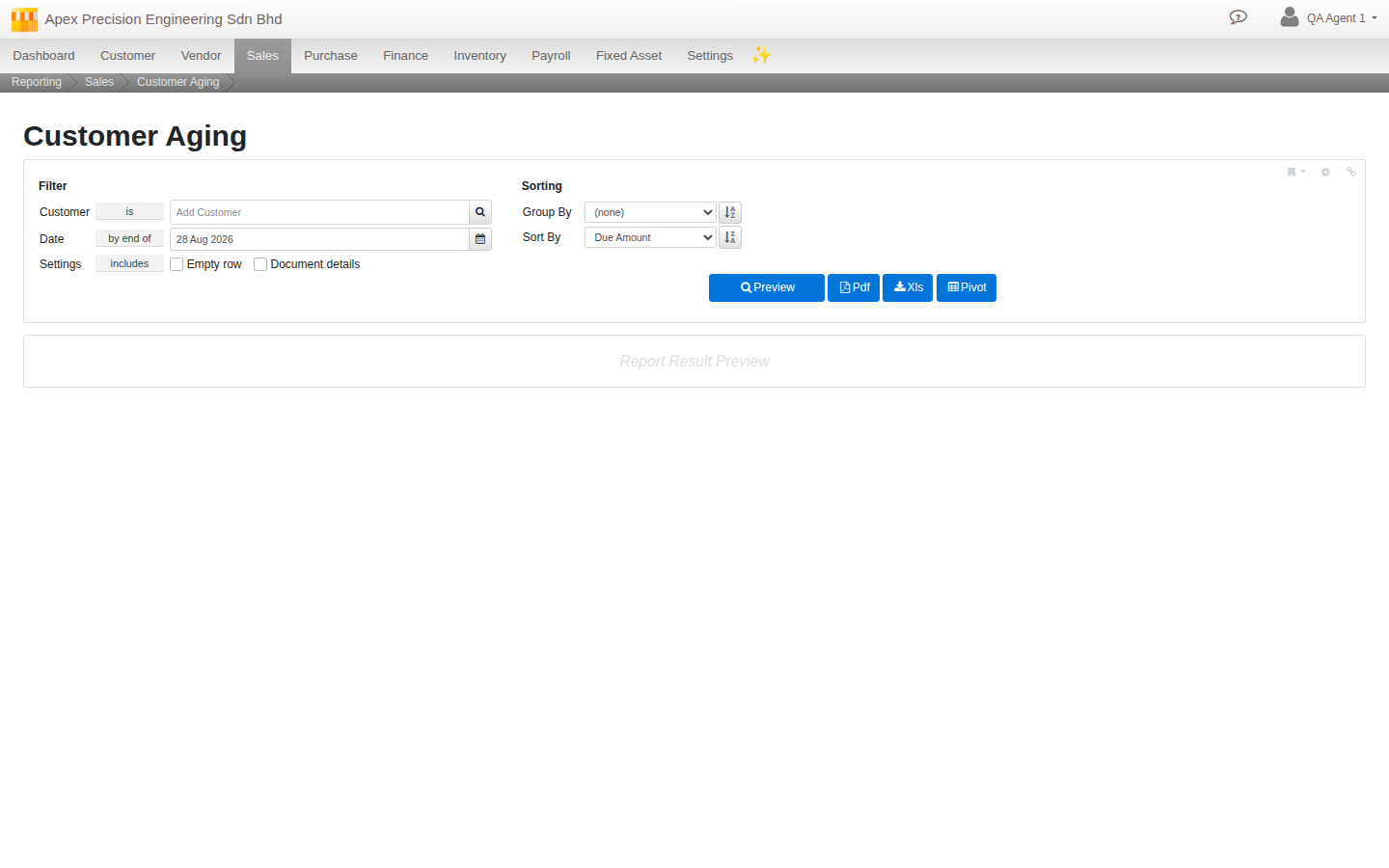 A report's filter bar: filters, Group By and Sort By, and Preview, Pdf, Xls and Pivot output buttons
