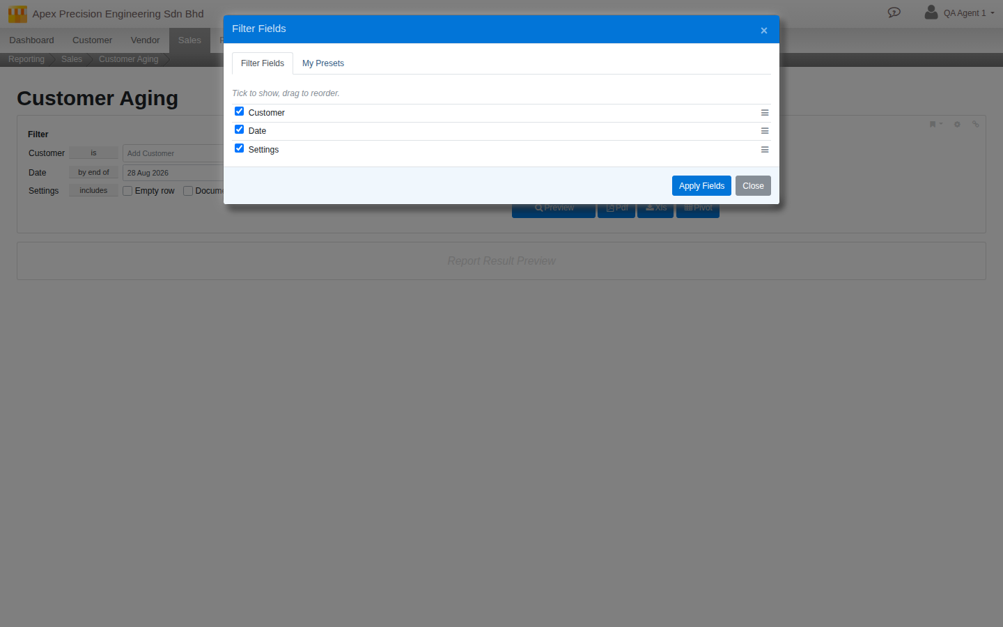 The Filter Fields dialog: tick which filters show on the bar and drag to reorder them, with a My Presets tab alongside
