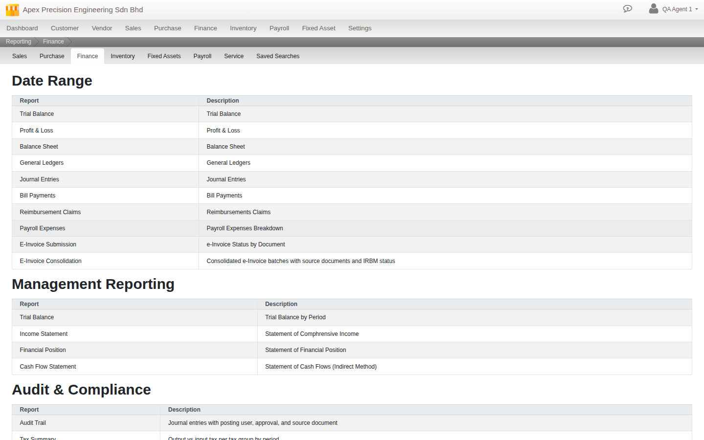The Reporting screen's tab strip across the top: Sales, Purchase, Finance, Inventory, Fixed Assets, Payroll, Service, Saved Searches
