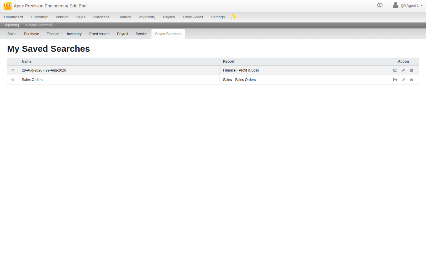 The My Saved Searches screen, listing every saved search across all reports with its report label, and star, open, rename and delete actions