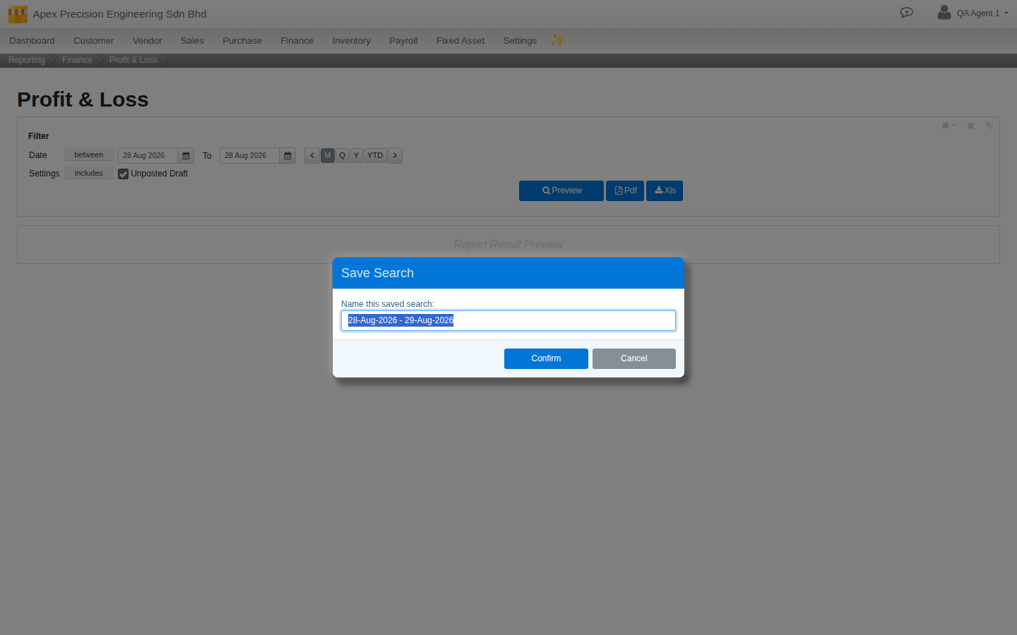 The Save Search dialog, with a name pre-filled from the report's date period