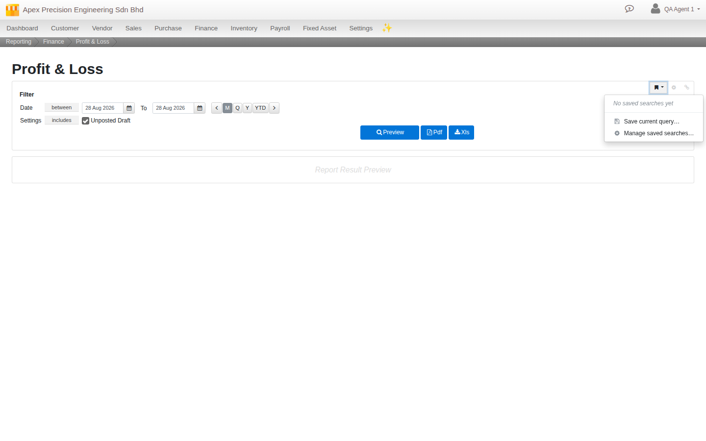 The saved-search bar on a report: a bookmark dropdown to load, save or manage saved searches, a fields cog to show, hide and reorder filter fields, and a link icon to copy a shareable URL
