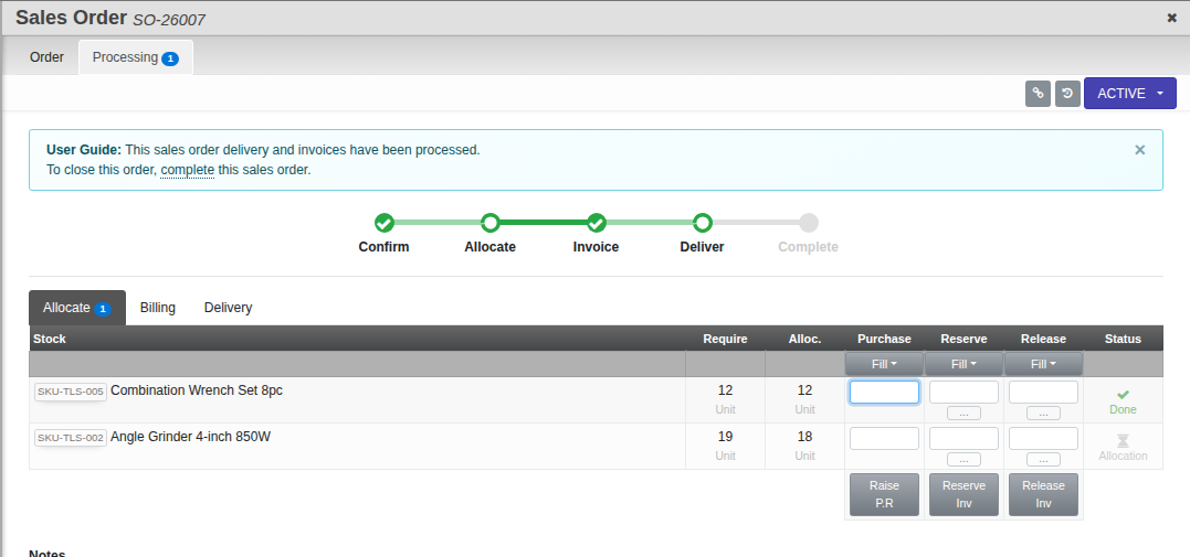 The Allocate sub-tab on a sales order's Processing tab, showing Require and Alloc. quantities per stock line, a Status column reading Done or Allocation, and the Raise P.R, Reserve Inv and Release Inv buttons