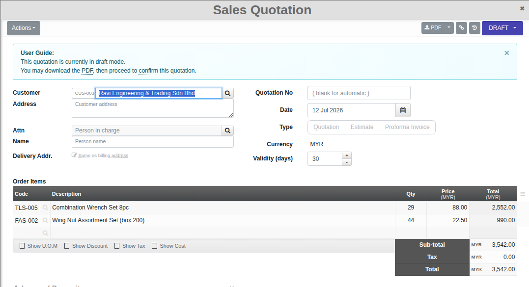 The Sales Quotation screen: Customer, Quotation No, Date, Type (Quotation/Estimate/Proforma Invoice), Currency and Validity fields, with an Order Items table below
