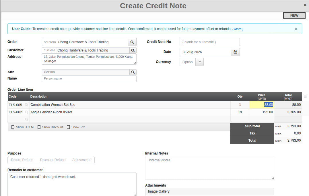 The Create Credit Note screen: Order, Customer and Address fields, an Order Line Item table, and the Purpose options Return Refund, Discount Refund and Adjustments