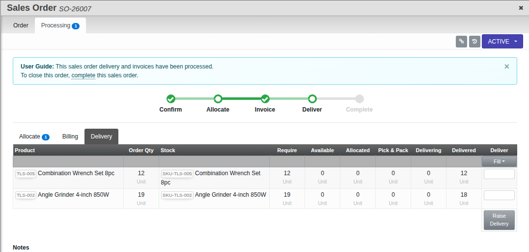 The Delivery sub-tab on a sales order's Processing tab, showing Available, Allocated, Pick & Pack, Delivering and Delivered quantities per stock line, and the Raise Delivery button