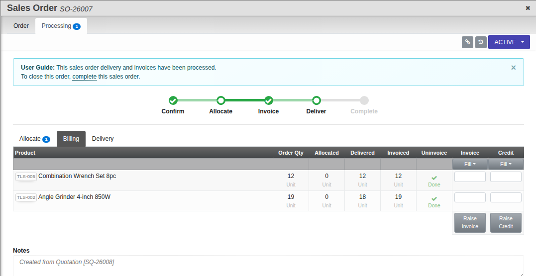 The Billing sub-tab on a sales order's Processing tab, showing Order Qty, Delivered and Invoiced quantities per line, and the Raise Invoice and Raise Credit buttons