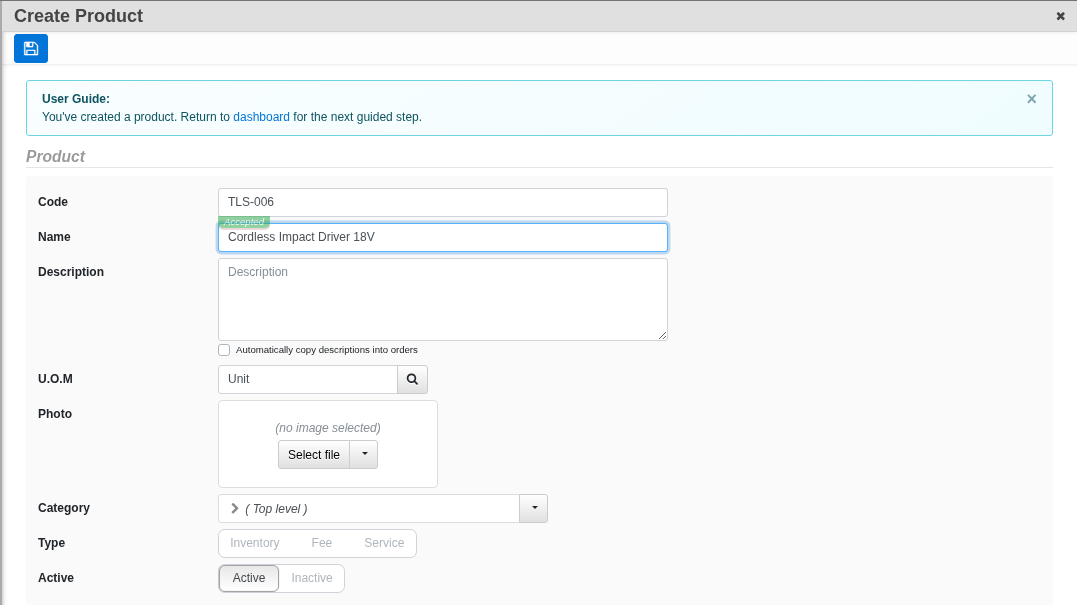 The Create Product screen with Code, Name, U.O.M, Category and Type (Inventory, Fee or Service) fields
