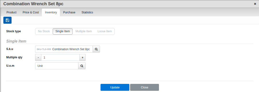 The Inventory tab of a product showing the Stock Type options No Stock, Single Item, Multiple Item and Loose Item, with Single Item selected