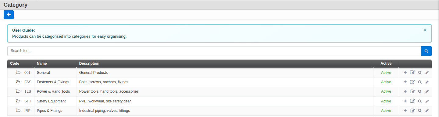 The Product Category screen, a flat list of categories with Code, Name, Description and Active columns