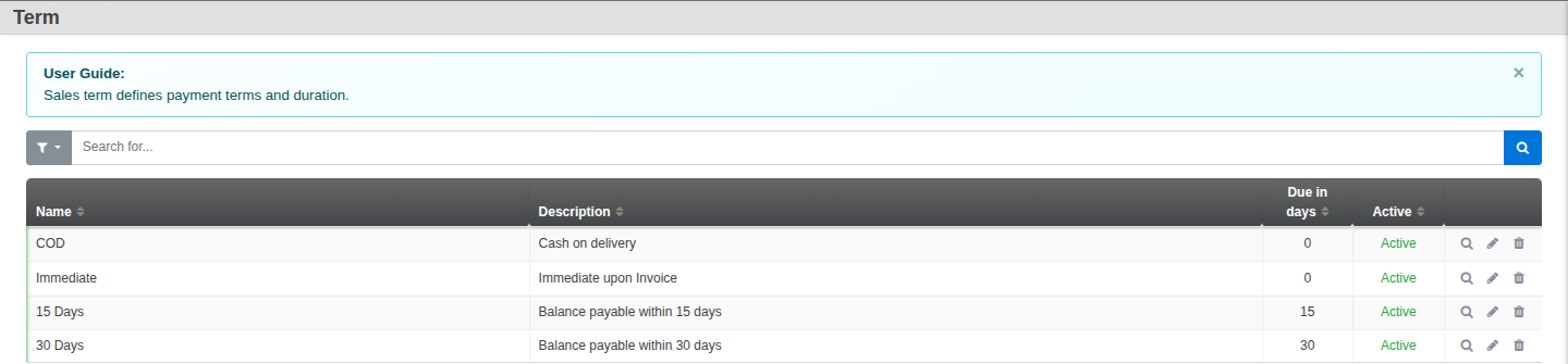 The Term screen, a list of sales terms with Name, Description, Due in days and Active columns