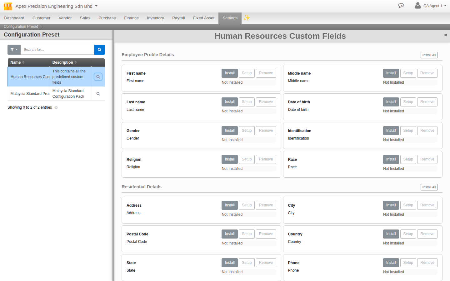 A configuration preset opened to its items, grouped into sections, each with Install, Setup and Remove buttons and an Install All button per section