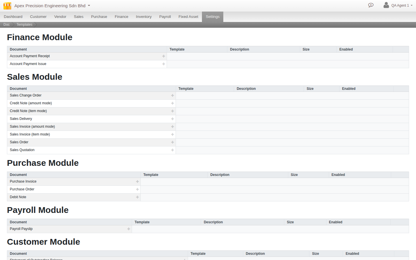 The Document Template screen, browsing templates grouped by module