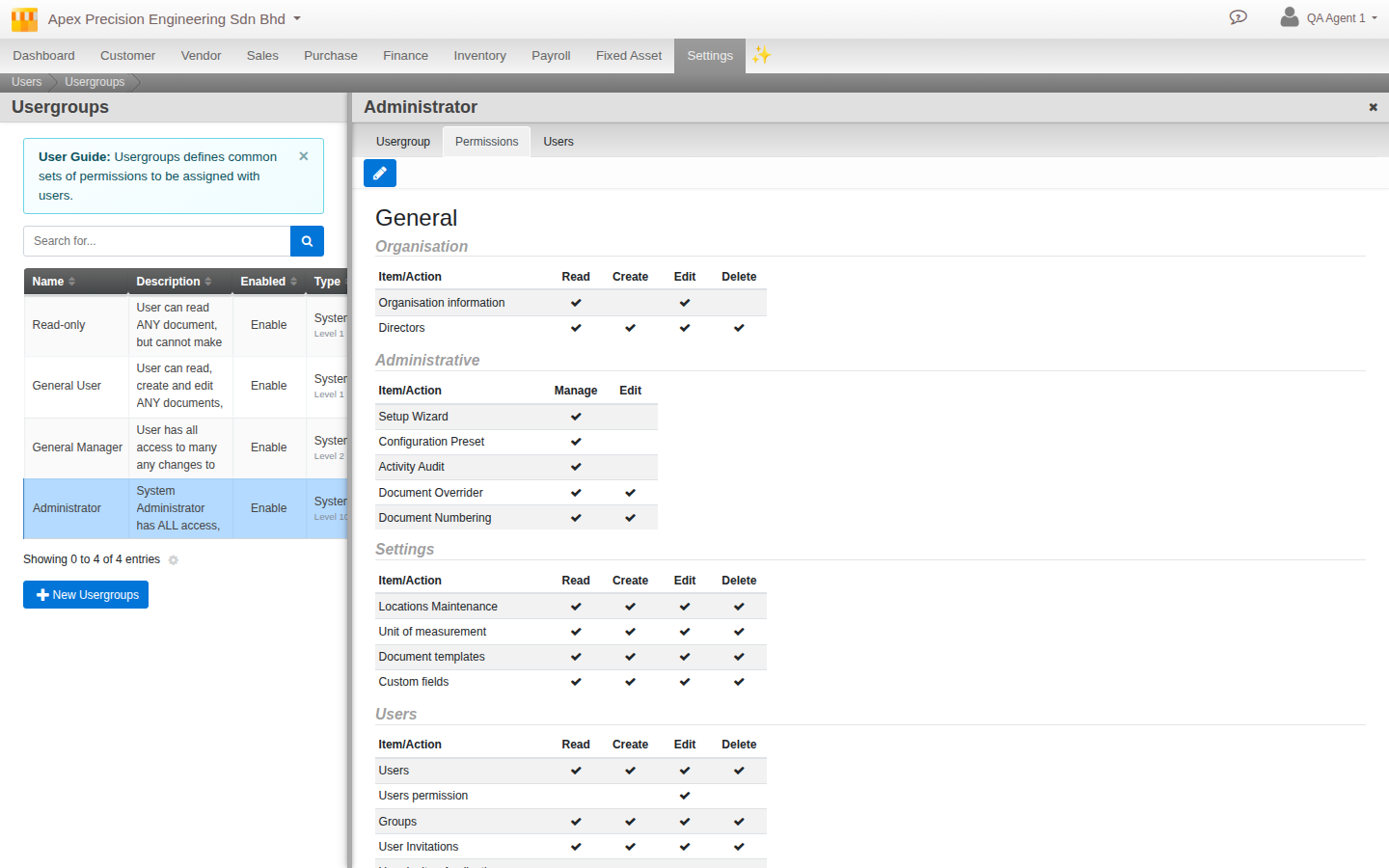A user group's Permissions tab: an Item/Action grid of Read/Create/Edit/Delete checkmarks grouped by module