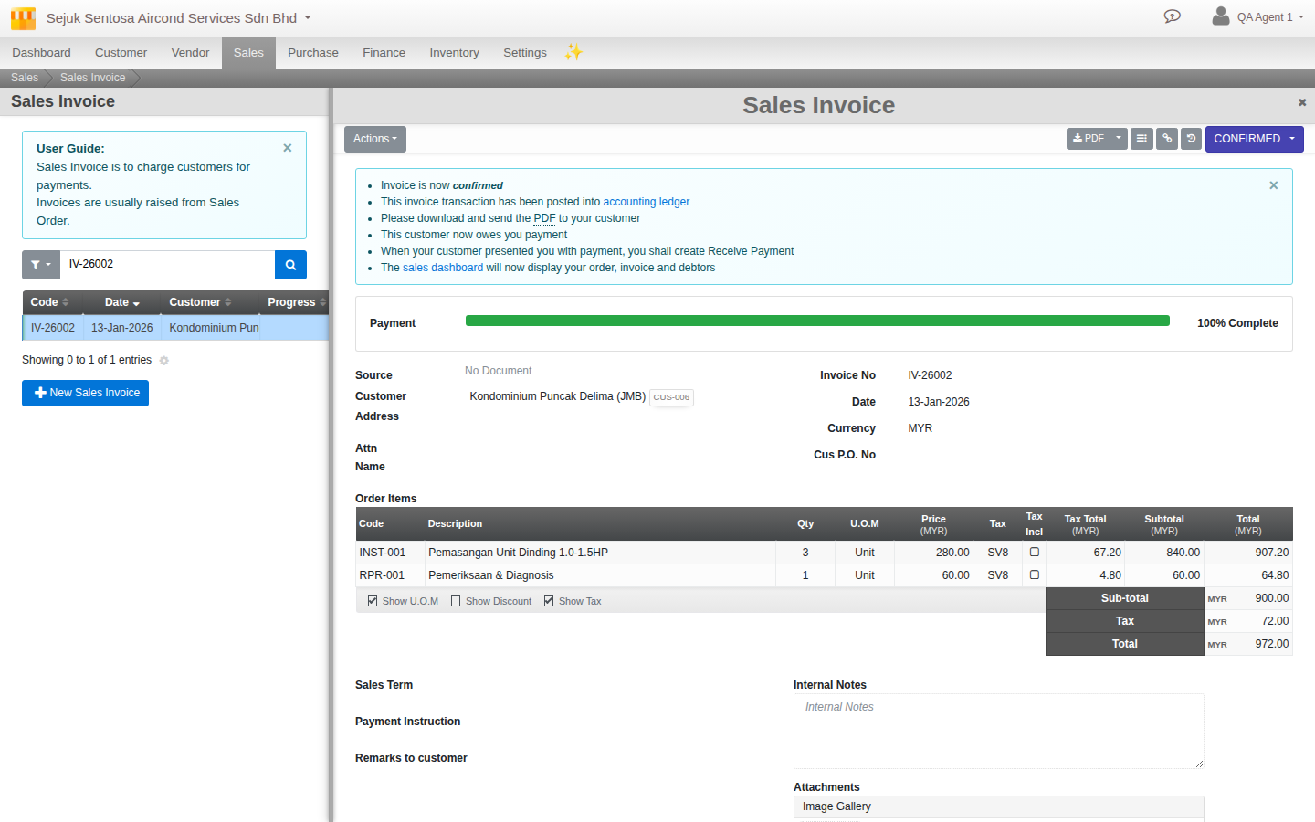 A confirmed Sale Invoice in Cloudby with SST tax group SV8 applied on each line, showing the calculated tax and the document tax total
