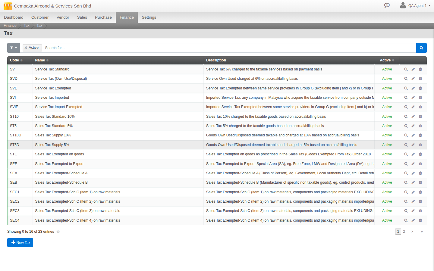 The Finance > Tax > Tax list in Cloudby after installing the Malaysia SST pack, showing Service Tax, Sales Tax 5%/10%, and exemption tax codes” style=”width:100%;max-width:900px;display:block;margin:0 auto;border-radius:10px;border:1px solid var(–brand-line)”/><figcaption style=
