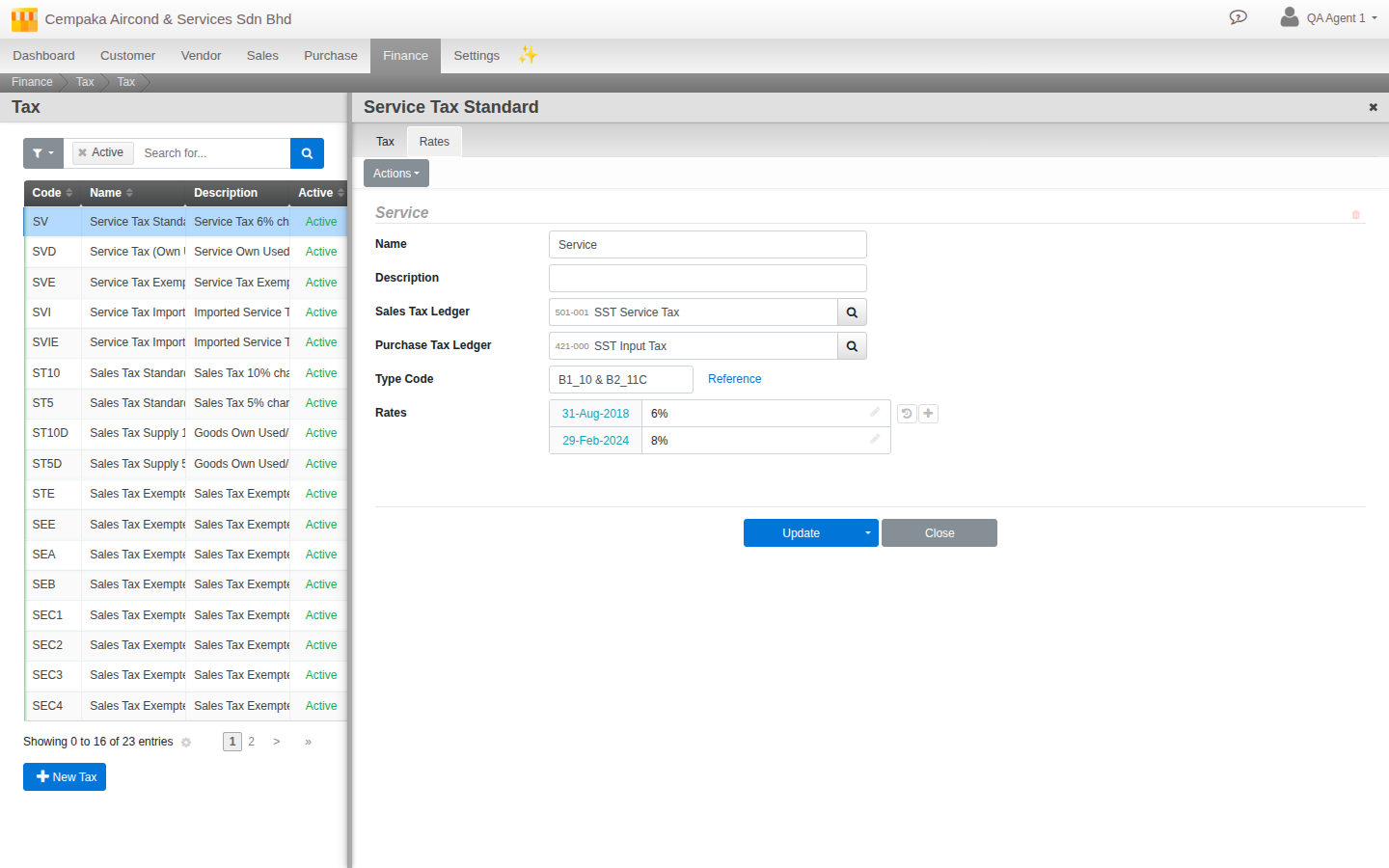 A Service Tax item's detail screen in Cloudby showing its sales and purchase ledgers, effective-dated rate history, and the Type Code field