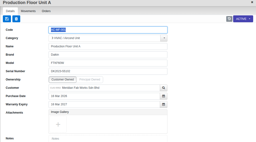 Service Asset Details tab with category, ownership, serial and warranty fields