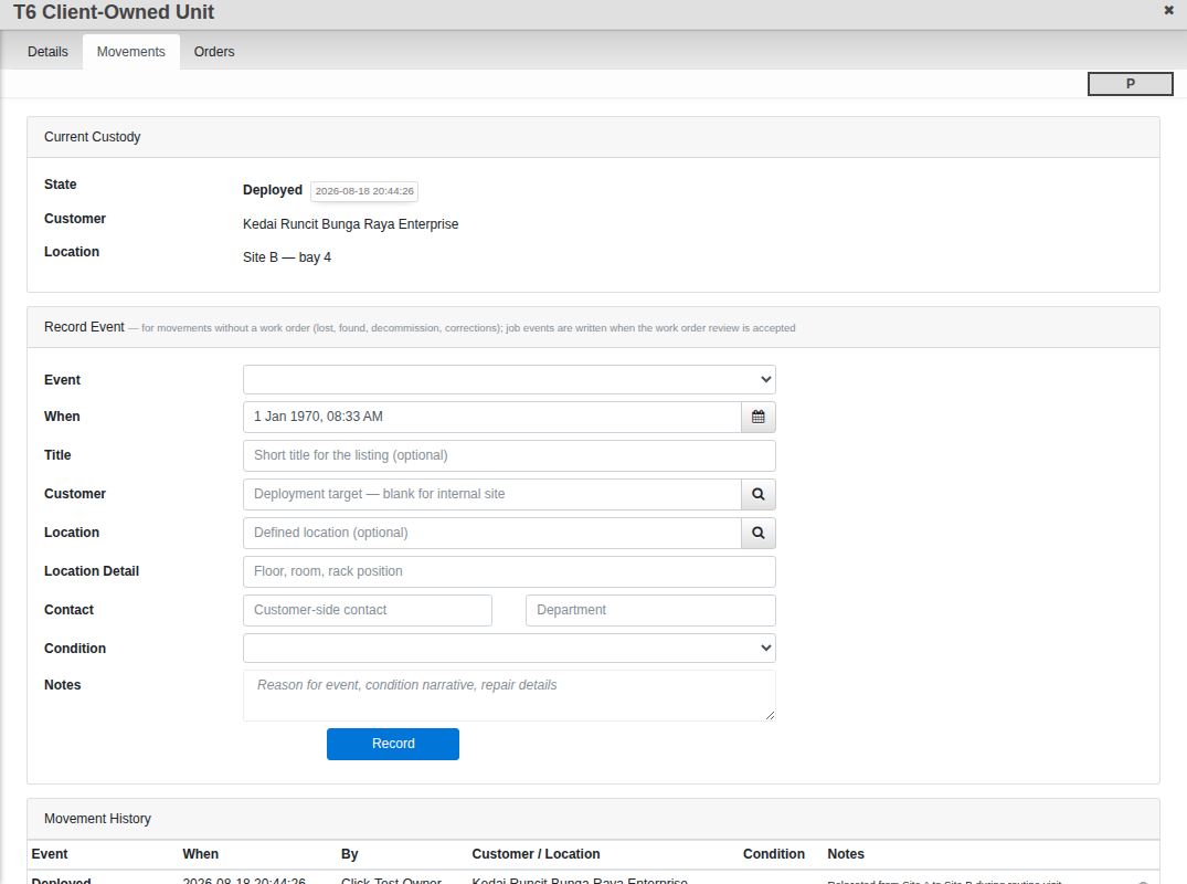Service Asset Movements tab showing current custody and a real movement history