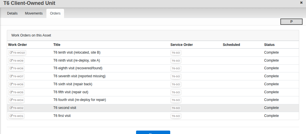 Service Asset Orders tab listing every work order that touched this asset