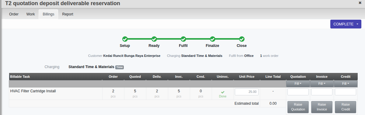 Service Order Billings tab showing the billing grid