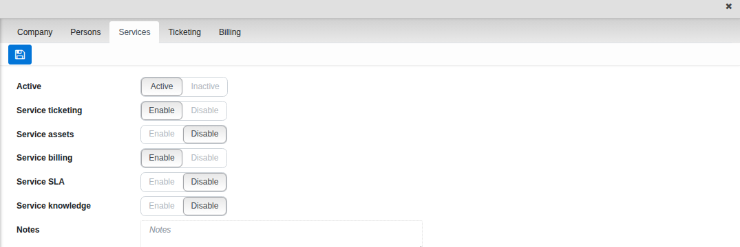Service customer's Services tab with Ticketing and Billing enabled