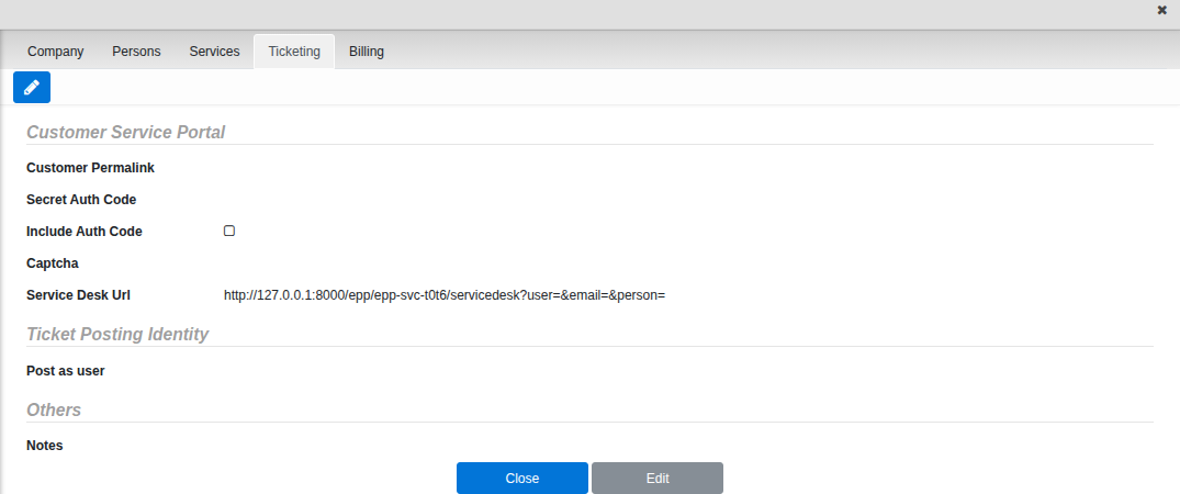 Service customer's Ticketing tab showing the customer portal fields
