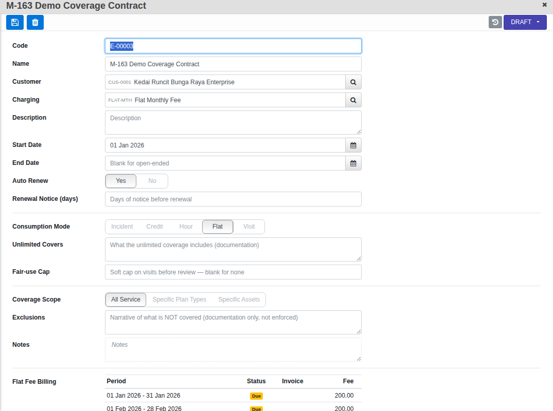 Service Entitlement contract with consumption mode and a Flat Fee Billing schedule