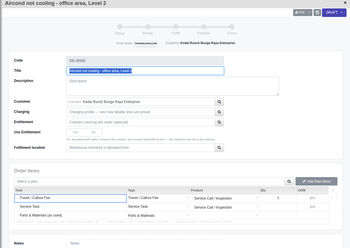 Service Order editor showing the Order tab fields and item list