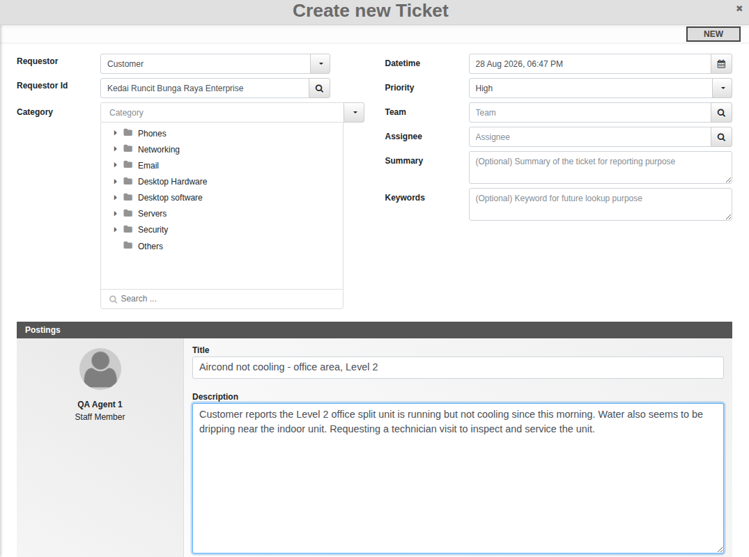 Create new Ticket form with requestor, category and posting fields