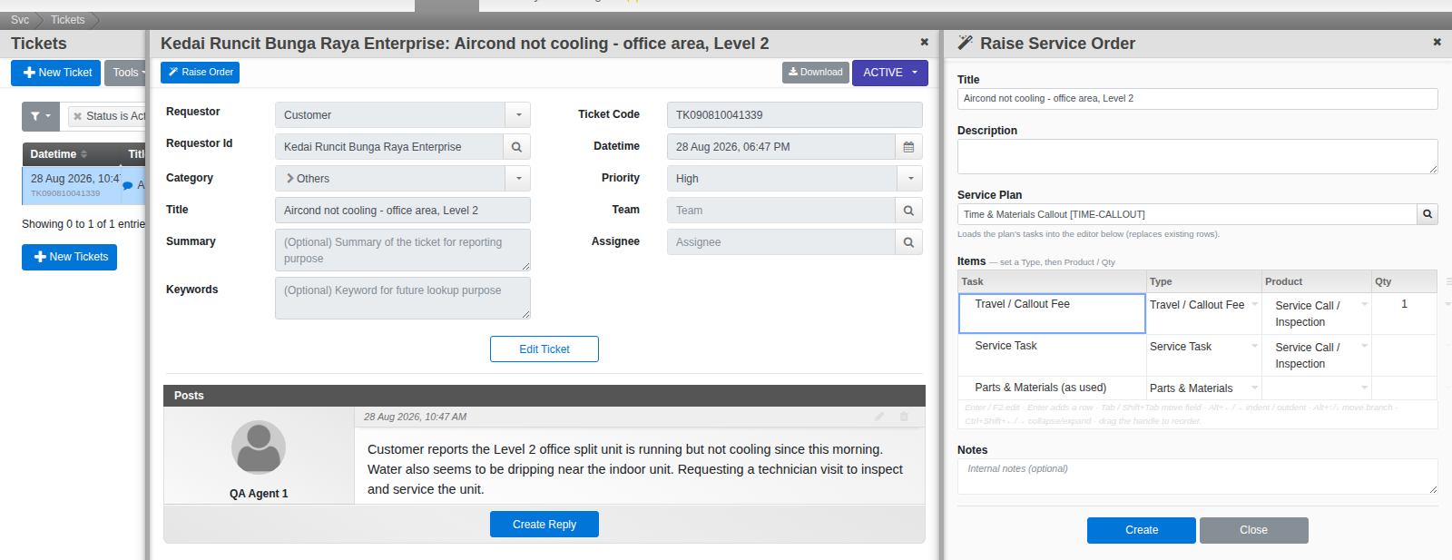 The tickets list, an open ticket, and the Raise Service Order aux panel shown together as one live three-panel view