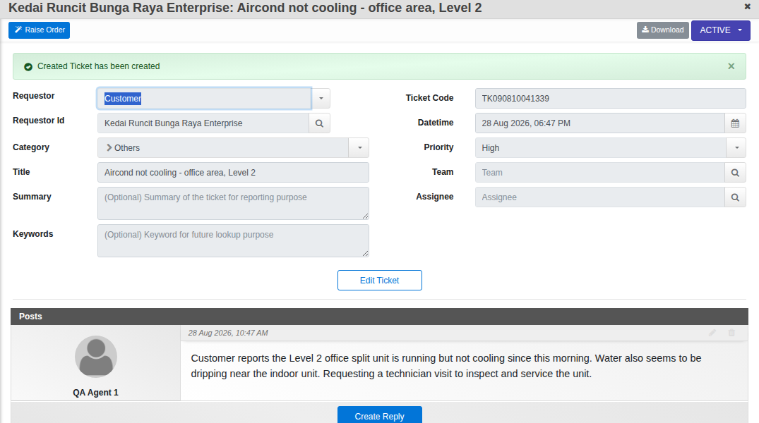 A created service ticket with its Raise Order button and posts