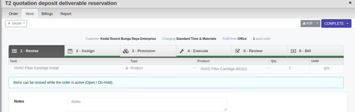 Service Order Work tab showing the Simple mode pipeline stages