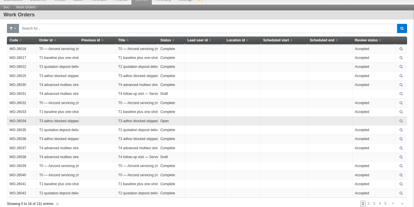 Work Orders list showing code, order, status and review status columns