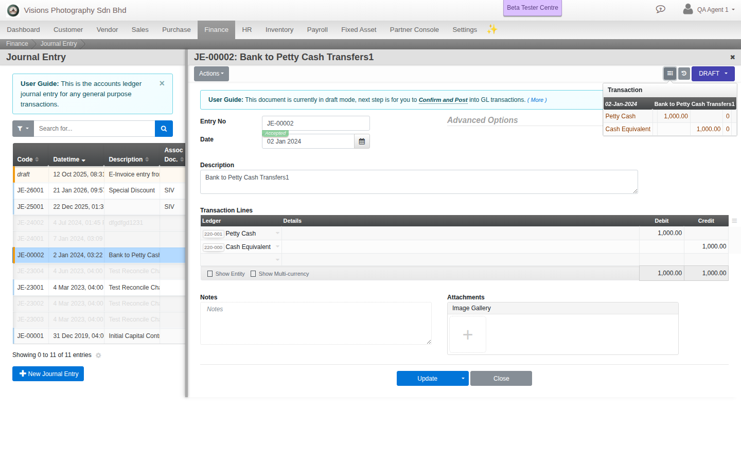 The Transaction popover, opened from the icon next to the status control, showing a Draft Journal Entry's real debit and credit legs
