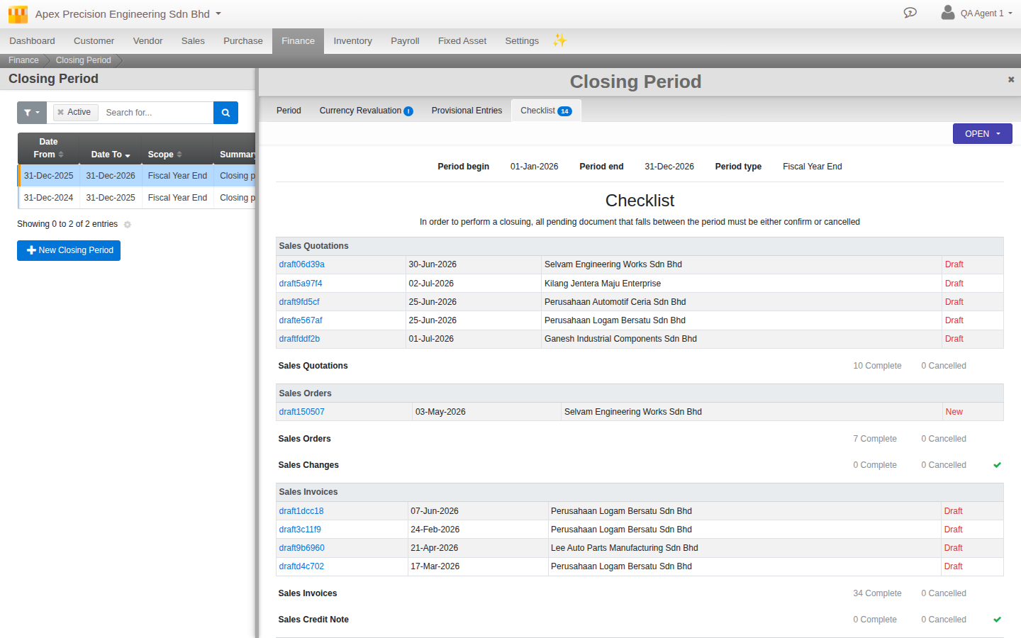 The Checklist tab breaking down pending Draft documents by category (Sales Quotations, Sales Orders, Sales Invoices), each with a Complete/Cancelled count and a green checkmark once a category is clear