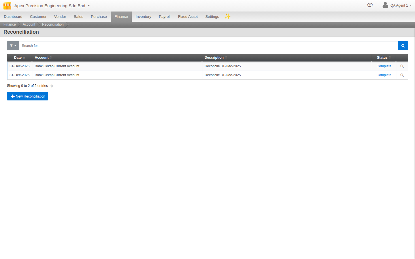 The Reconciliation list showing a completed bank reconciliation for a prior period, status Complete