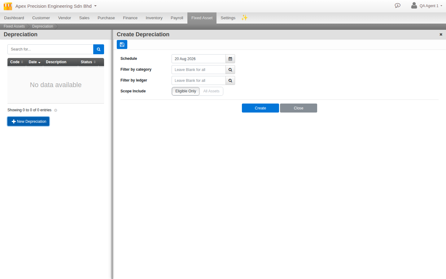 The Create Depreciation form with the Eligible Only / All Assets scope choice, plus optional filters by category and ledger