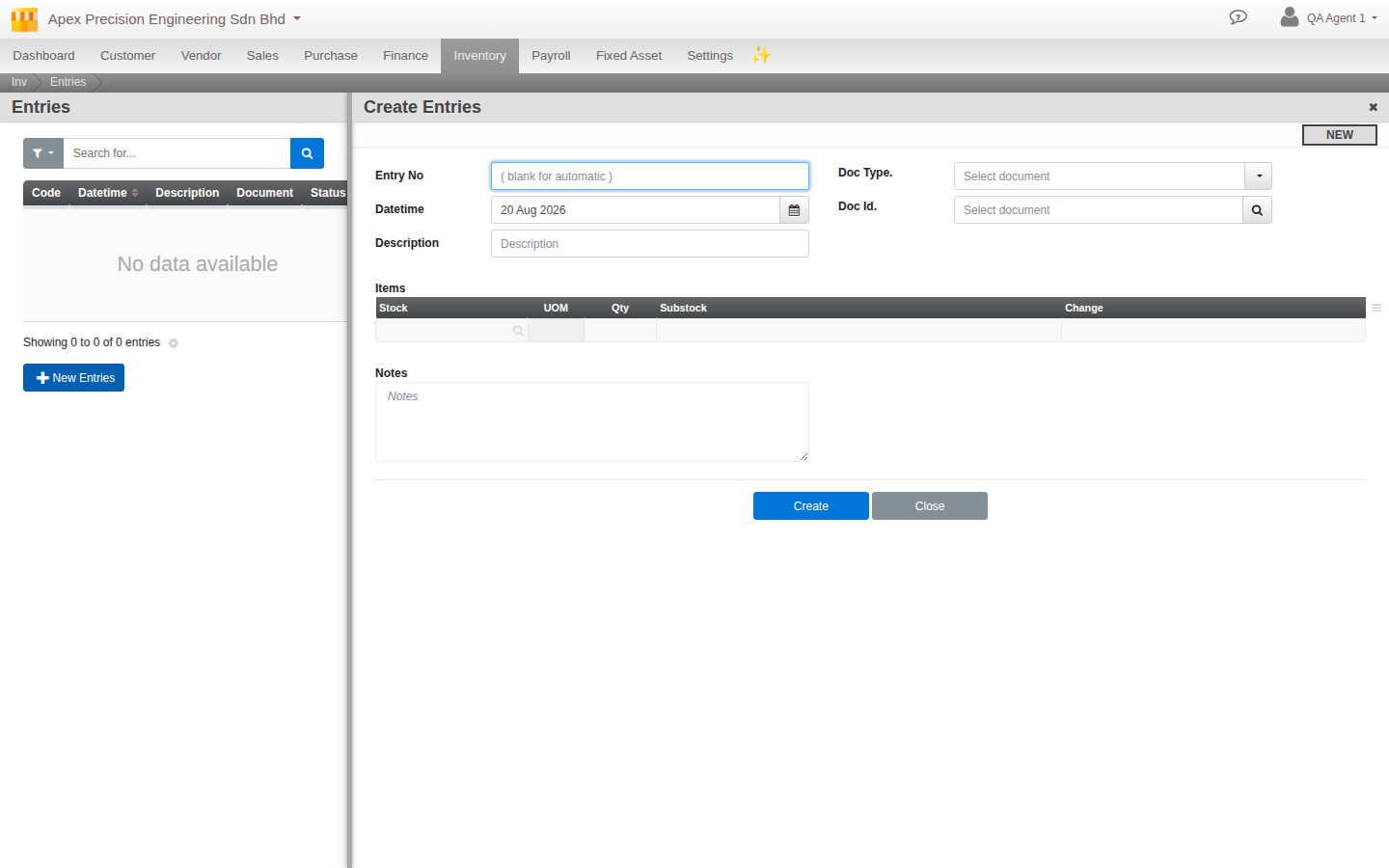 The Create Entries stock-adjustment form, with a line for the item, UOM, quantity and the change to apply