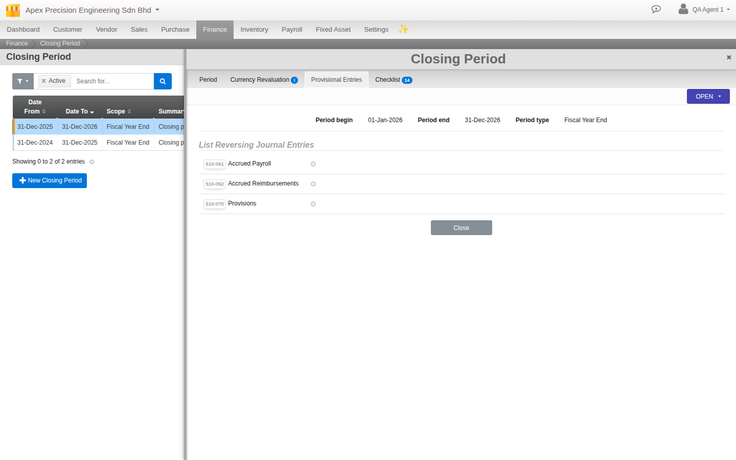 The Provisional Entries tab listing three real reversing journal entries queued: Accrued Payroll, Accrued Reimbursements, Provisions