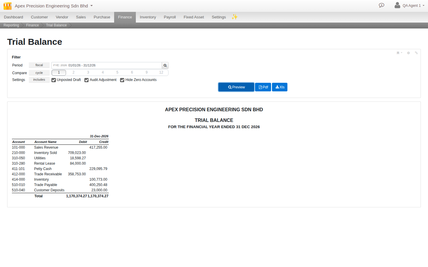 A generated Trial Balance report with every account listed and Debit and Credit columns that total to the same figure
