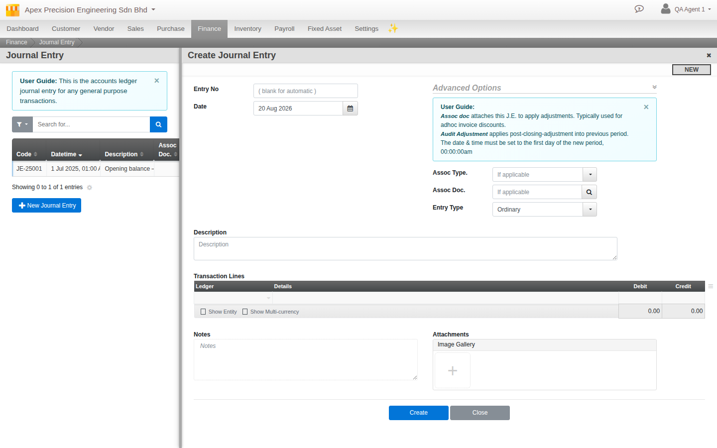 A journal entry's Advanced Options panel, showing the Entry Type dropdown set to Ordinary and the built-in guidance that an Audit Adjustment must be dated to the first moment of the new period