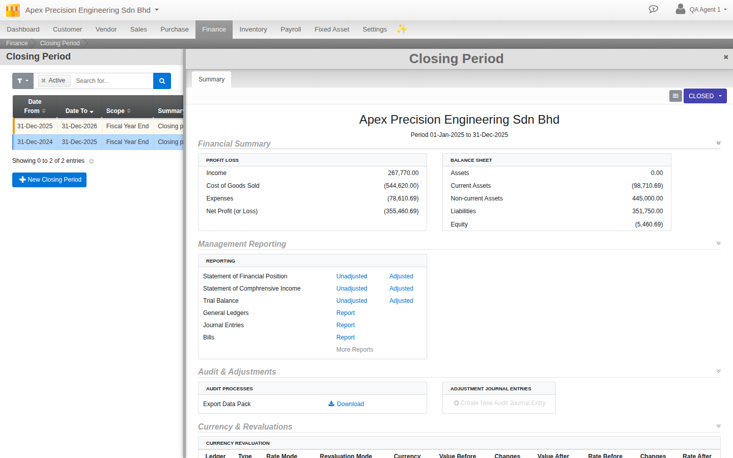 A closed period's Summary tab: Financial Summary, Management Reporting links in Unadjusted and Adjusted form, and the Export Data Pack download under Audit Processes