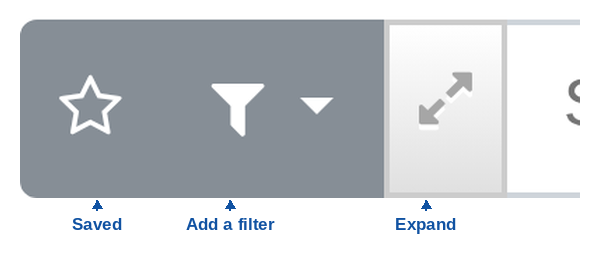 The three filter bar icons annotated: star for saved filters, funnel for add a filter, and the expand arrows icon for the AND/OR group builder