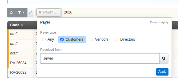 Payer filter chip open, combining a Customers/Vendors/Directors type toggle with a free-text search for the payer's name