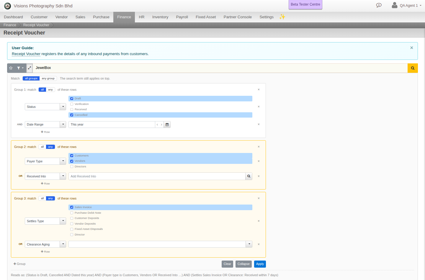 Advanced filter expanded to three groups with their own AND/OR match settings and a plain-English Reads as summary underneath