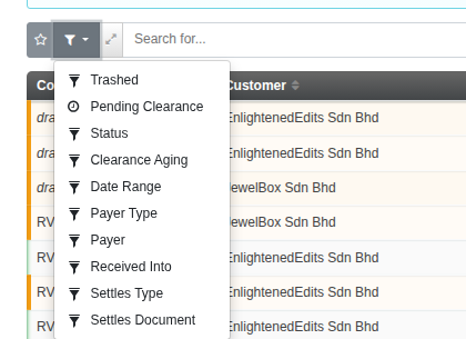 The Add a filter dropdown open on a Receipt Voucher listing, showing every filterable field: Trashed, Pending Clearance, Status, Clearance Aging, Date Range, Payer Type, Payer, Received Into, Settles Type, Settles Document