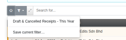 Saved filters menu open, listing a named saved filter plus a Save current filter action