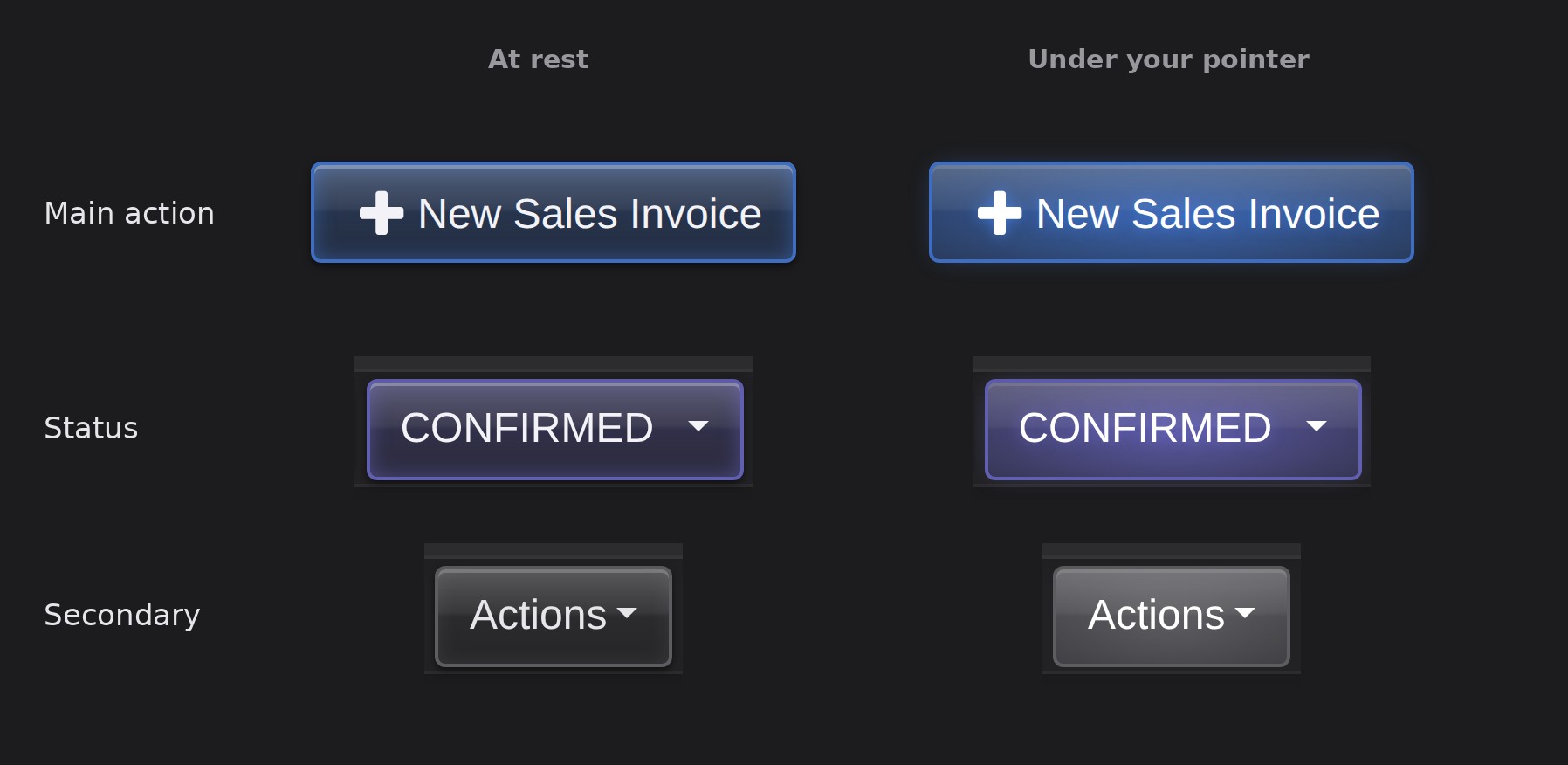 Cloudby buttons in dark mode at rest and under the pointer